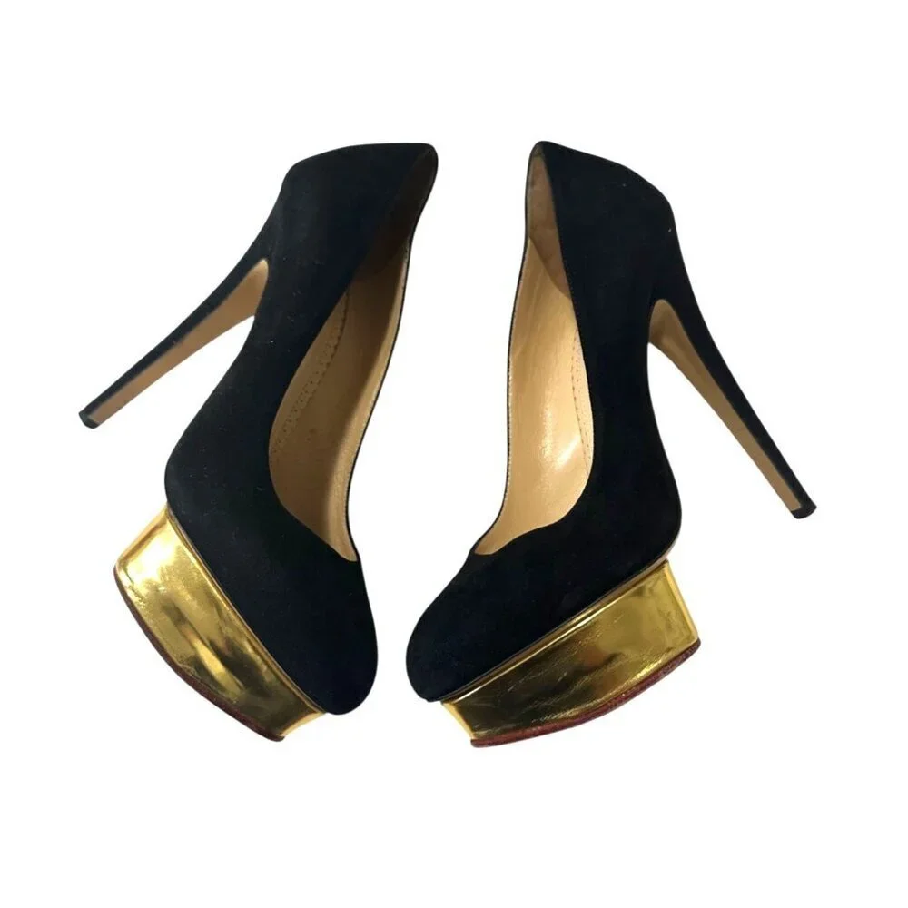 Charlotte Olympia Dolly Platform Pumps, Black Suede-Gold Leather, 38.5 EU